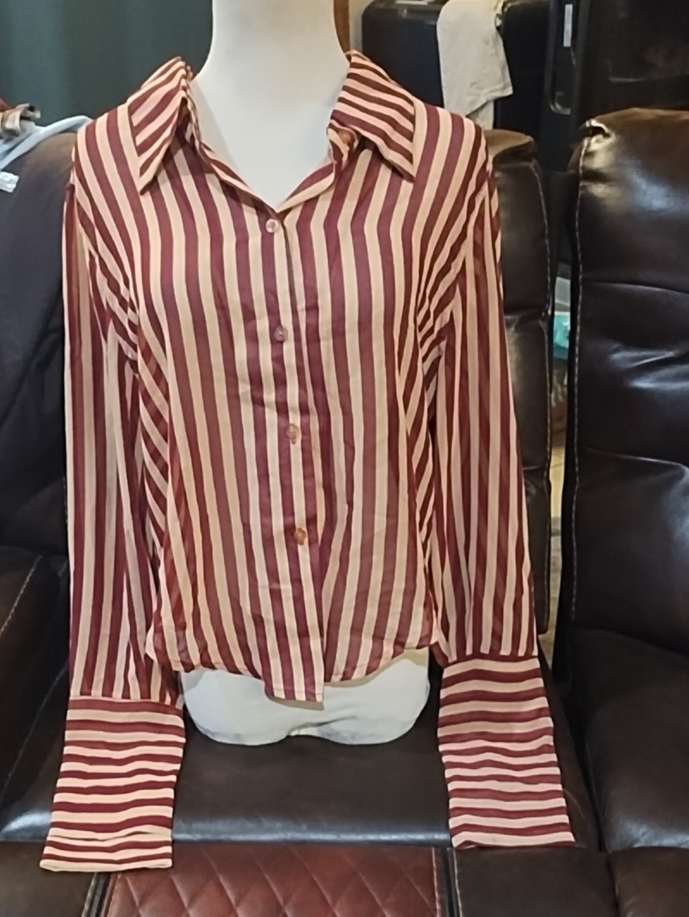 Striped Maroon and Cream Button-Up Women's Shirt